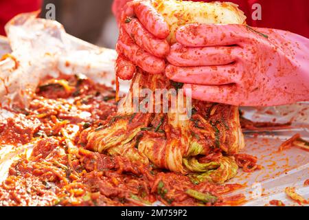 Primo piano delle mani che fanno il kimchi Foto Stock