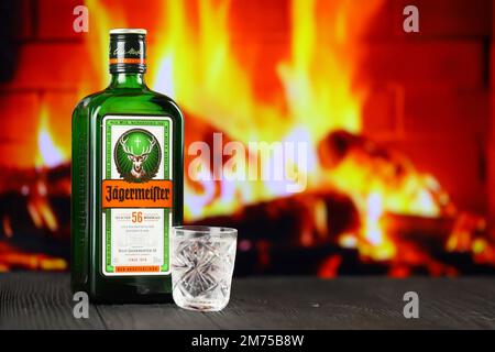 KIEV, UCRAINA - 4 MAGGIO 2022 Jagermeister bottiglia di alcol originale su tavolo di legno con camino rosso sullo sfondo. Produzione di alcool Elite Foto Stock