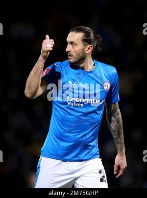 Ollie Banks di Chesterfield durante la partita di terza partita della Emirates fa Cup al Technique Stadium di Chesterfield. Data immagine: Sabato 7 gennaio 2023. Foto Stock