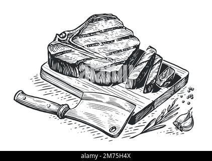 Filetto di manzo alla griglia e taglierino su tagliere di legno. Griglia cibo, disegno inciso vettore Illustrazione Vettoriale