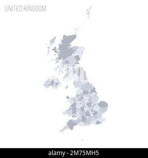 Regno Unito di Gran Bretagna e Irlanda del Nord Mappa politica delle divisioni amministrative: Contee, autorità unitarie e Greater London in Inghilterra, distretti dell'Irlanda del Nord, aree del consiglio della Scozia e contee, distretti e città del Galles. Mappa vettoriale dei grigi con etichette. Illustrazione Vettoriale