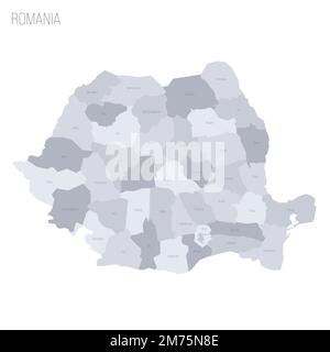 Romania carta politica delle divisioni amministrative - contee e comune autonomo di Bucarest. Mappa vettoriale dei grigi con etichette. Illustrazione Vettoriale