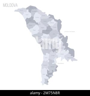 Moldavia carta politica delle divisioni amministrative - distretti, comuni e due unità territoriali autonome - Gaugazia e la Riva sinistra del Dniester. Mappa vettoriale dei grigi con etichette. Illustrazione Vettoriale