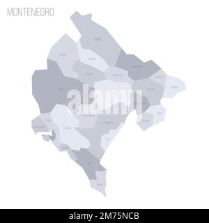 Montenegro carta politica delle divisioni amministrative - comuni. Mappa vettoriale dei grigi con etichette. Illustrazione Vettoriale