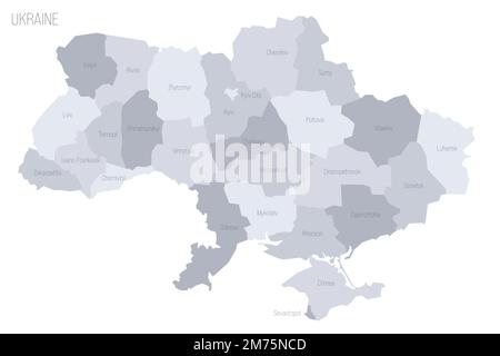 Ucraina mappa politica delle divisioni amministrative - regioni, due città con uno status speciale di Kyiv e Sevastopol, e la repubblica autonoma di Crimea. Mappa vettoriale dei grigi con etichette. Illustrazione Vettoriale