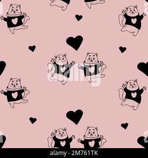 Romantico motivo felino senza cuciture. Carini gatti innamorati con cuori su sfondo rosa chiaro. Illustrazione vettoriale in stile doodle. Sfondo infinito per Illustrazione Vettoriale
