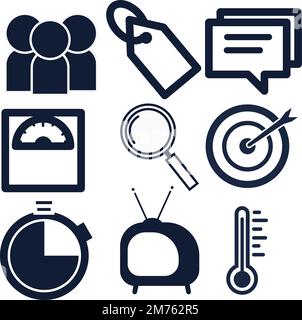 Set di 9 moderne icone a linee sottili. Delineare i segnali isolati per dispositivi mobili e Web. Pittogrammi di alta qualità. Set di icone lineari di business, medico, UI e UX, Illustrazione Vettoriale