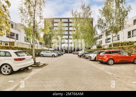 alcune auto parcheggiate di fronte ad un edificio con alberi su entrambi i lati e cespugli che crescono lungo il lato della strada Foto Stock