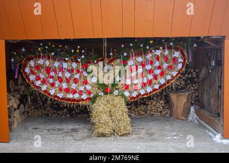 Krasnoilsk, Ucraina - 13 gennaio 2017: Un costume unico di un orso rumeno per la celebrazione di Malanka Foto Stock