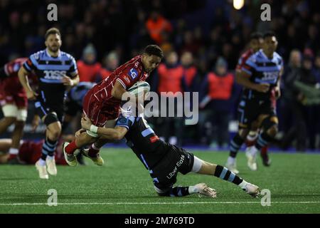 Cardiff, Regno Unito. 07th Jan, 2023. DaN Davis di Scarlets è affrontato. United Rugby Championship, Cardiff Rugby v Scarlets al BT Sport Cardiff Arms Park di Cardiff, Galles, sabato 7th gennaio 2023. pic di Andrew Orchard/Andrew Orchard sports photography/Alamy Live news Credit: Andrew Orchard sports photography/Alamy Live News Foto Stock