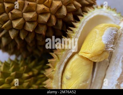 Frutta dura fresca e matura. Il Durian (Durio) è una pianta tropicale proveniente dalla regione del sud-est asiatico, famosa per la sua forma unica e il suo aroma caratteristico. Foto Stock