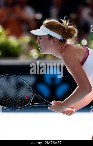 Adelaide, Australia, 7 gennaio 2023. Linda Noskova della Repubblica Ceca durante la partita internazionale di tennis di Adelaide tra Ons Jabeur della Tunisia e Linda Noskova della Repubblica Ceca al Memorial Drive il 07 gennaio 2023 ad Adelaide, Australia. Credit: Peter Mundy/Speed Media/Alamy Live News Foto Stock