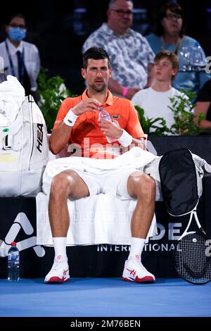 Adelaide, Australia, 7 gennaio 2023. Novak Djokovic di Serbia durante la partita internazionale di tennis di Adelaide tra Novak Djokovic di Serbia e Daniil Medvedev a Memorial Drive il 07 gennaio 2023 ad Adelaide, Australia. Credit: Peter Mundy/Speed Media/Alamy Live News Foto Stock