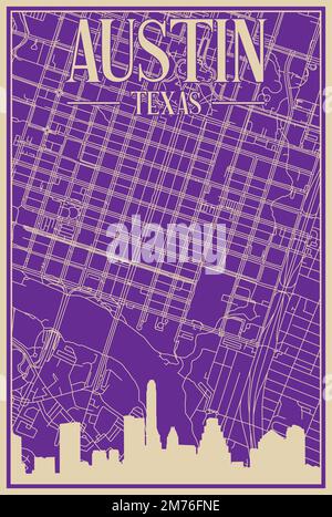 Poster a cornice disegnato a mano viola del centro DI AUSTIN, TEXAS, con evidenziazione dello skyline della città vintage e scritte Illustrazione Vettoriale