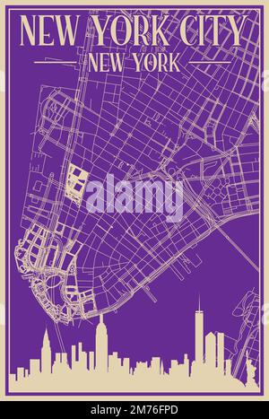 Poster a cornice disegnato a mano viola del centro DI NEW YORK, NEW YORK, con evidenziazione dello skyline della città vintage e scritte Illustrazione Vettoriale