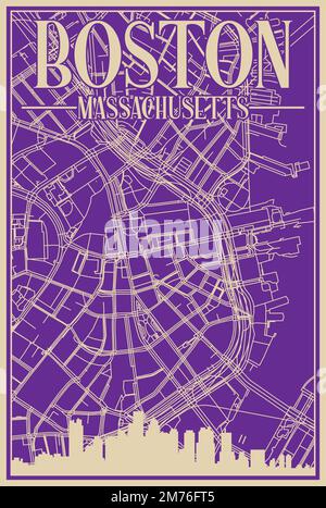 Poster a cornice viola disegnato a mano del centro DI BOSTON, MASSACHUSETTS con evidenziazione dello skyline della città vintage e scritte Illustrazione Vettoriale