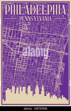 Poster a cornice disegnato a mano viola del centro DI PHILADELPHIA, PENNSYLVANIA, con lo skyline della città vintage evidenziato e scritte Illustrazione Vettoriale