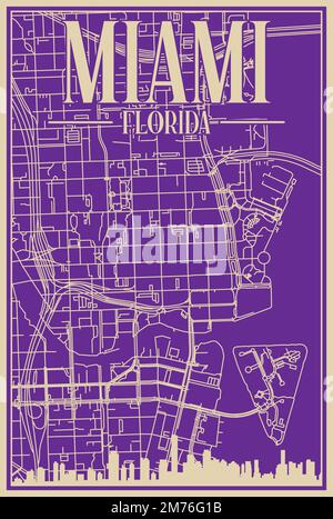 Poster viola con cornice disegnata a mano del centro DI MIAMI, FLORIDA, con evidenziazione dello skyline della città vintage e scritte Illustrazione Vettoriale