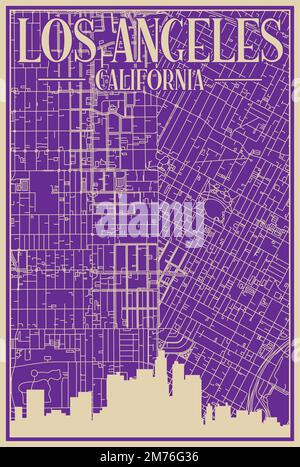 Poster a cornice disegnato a mano viola del centro DI LOS ANGELES, CALIFORNIA, con evidenziazione dello skyline della città vintage e scritte Illustrazione Vettoriale