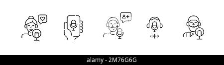 Set di icone podcast blogger. Disegni di linee di tratto modificabili e perfetti per pixel Illustrazione Vettoriale