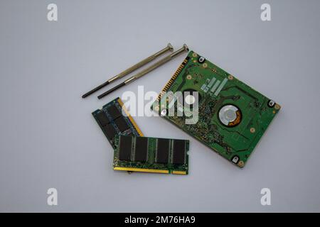 Immagine di un disco rigido, memoria RAM di un PC con relativi cacciaviti per il montaggio. Sostituzione degli elementi elettronici del calcolatore. Foto Stock