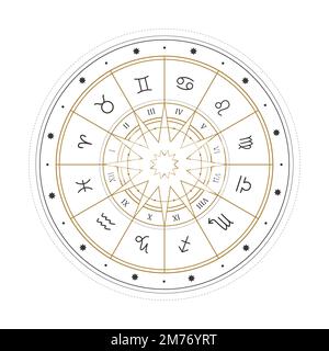Ruota astrologica con segni zodiacali. Mistero ed esoterico. Illustrazione del vettore dell'oroscopo. Poster di tarocchi spirituali. Carte tarocchi occulte magiche. Illustrazione Vettoriale