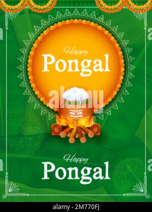 Happy Pongal Festival di raccolto di festa del Tamil Nadu India meridionale saluto sfondo Illustrazione Vettoriale