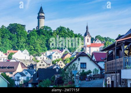 Stramberk (Stramberg): torre Truba di Stramberk (Strahlenberg) Castello, chiesa in , Moravskoslezsky, Moravia-Silesia Regione, Mährisch-schlesische Reg Foto Stock