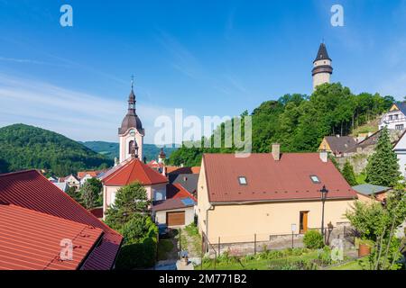 Stramberk (Stramberg): torre Truba di Stramberk (Strahlenberg) Castello, chiesa in , Moravskoslezsky, Moravia-Silesia Regione, Mährisch-schlesische Reg Foto Stock