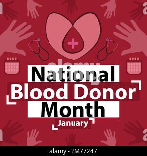 National Blood Donor Month banner Vector design celebrato nel mese di gennaio di ogni anno. Sfondo nazionale donatore di sangue con cuore, goccia di sangue. Illustrazione Vettoriale