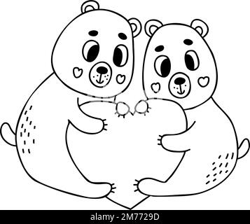 Coppia di orsacchiotti d'amore con cuore grande. Illustrazione vettoriale in stile doodle. Disegno di contorno per design, arredamento, biglietti di San Valentino, stampa Illustrazione Vettoriale