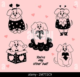 Collezione romantici cani innamorati personaggi con cuore. Illustrazione vettoriale in stile doodle. Cuccioli isolati disegnati a mano innamorati del design e dell'arredamento Illustrazione Vettoriale