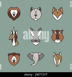 Set di grafici lineari delle teste degli animali Illustrazione Vettoriale