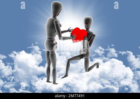 3D'illustrazione. Dichiarazione di amore in Cielo tra le nuvole. Il mio ragazzo offre il cuore il giorno di San Valentino. Foto Stock