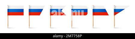 Realistiche bandiere russe diverse stuzzicadenti. Souvenir dalla Russia. Stuzzicadenti in legno con bandierina di carta. Contrassegno di posizione, puntatore della mappa. Mockup vuoto per Illustrazione Vettoriale