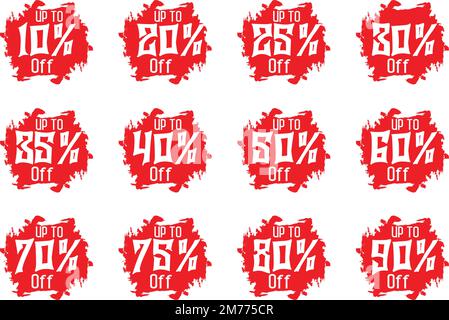 Tag sconti di vendita modello set di badge vettoriali, 10 $ di sconto, 20%, 90, 80, 30, 40, 50, 60, 70, Simboli delle etichette di vendita in percentuale 75, 25, 35 con tratto posteriore pennello Illustrazione Vettoriale