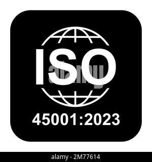 Icona ISO 45001 2023. Salute e sicurezza sul lavoro. Simbolo di qualità standard. Segno del pulsante vettore isolato su sfondo nero . Illustrazione Vettoriale