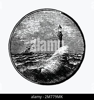 Il mare tempestoso e un faro che disegnano il vettore Illustrazione Vettoriale