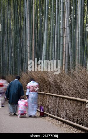 Coppia e ragazza con il vestito tradizionale giapponese a piedi accanto alla Foresta di bambù di Arashiyama. Sfocatura dell'immagine per suggerire il movimento. Kyoto. Giappone. Foto Stock