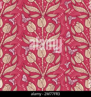Vector Magenta Tulip Garden ripetizione disegno di sfondo Illustrazione Vettoriale