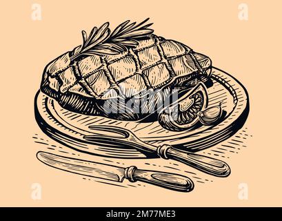 Bistecca di vitello alla griglia. Barbecue, arrosti di carne, grigliate di cibo schizzo. Illustrazione vettoriale vintage con incisione disegnata a mano Illustrazione Vettoriale