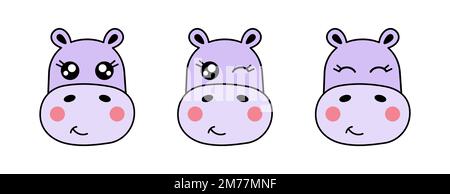 Carino hippopotamus viso set. Hippo emoticon sorridente e strizzante. Kawaii hippopotamus emoji. Icona Hippo Face. Divertente espressione di carattere cartoon animale. Illustrazione Vettoriale