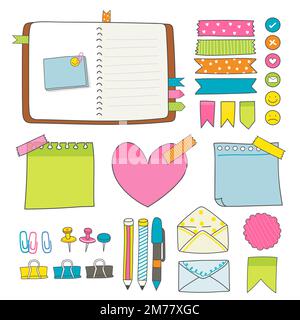 Note carte e forniture per ufficio doodle vettore set Illustrazione Vettoriale