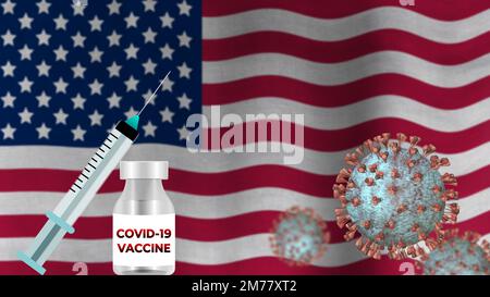 Vaccino di Covid sulla bandiera degli Stati Uniti di Blur. Concetto per vaccino nazionale e vaccinazione negli Stati Uniti. Foto Stock