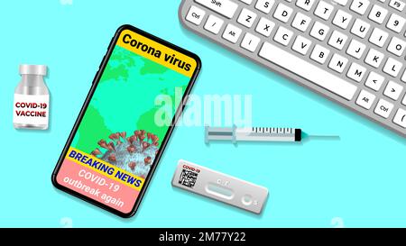 covid 19 notizie in mobile concept illustration con iniezione, kit di prova, e vaccino. Foto Stock