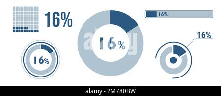 set di icone per il caricamento dei dati al 16%. Diagramma a quattordici cerchi, grafico a ciambelle a torta, barra di avanzamento. infografica percentuale del 16%. Vector Concept Collection, blu Illustrazione Vettoriale