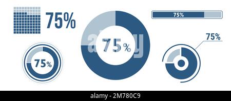 set di icone per il caricamento dei dati al 75%. Settantacinque diagrammi a cerchio, grafico a ciambella a torta, barra di avanzamento. infografica percentuale del 75%. Raccolta di concetti vettoriali, b Illustrazione Vettoriale