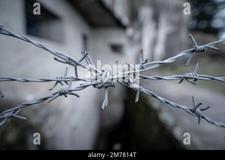 Dettaglio primo piano di nodo di filo spinato con sfocata fortezza militare in cemento sullo sfondo. Concetto di guerra, campo di prigionia, prigioniero di guerra Foto Stock