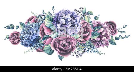 Fiori di ortensia, rami di eucalipto, rose e bacche decorative. Illustrazione acquerello. Composizione della collezione DI FIORI PER MATRIMONI. Per Foto Stock