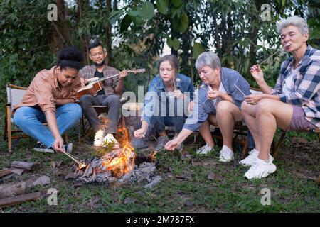 Gruppo di camper di famiglia seduti accanto a salsicce grigliate al fuoco e danze cantanti si divertono Foto Stock